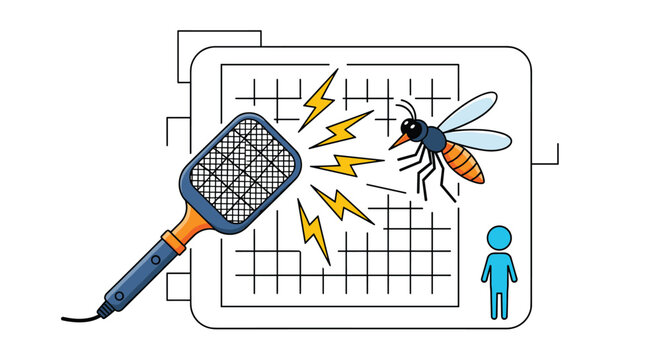 Electric mosquito swatter racket zapping a flying mosquito with yellow electricity sparks on a technical grid background.