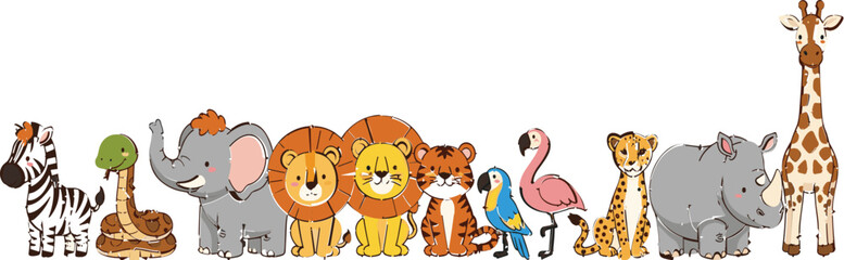 Cute wild animal cartoon collection in flat vector style featuring jungle and safari animals, colorful characters for kids, education, nursery, and children designs © Jahangir