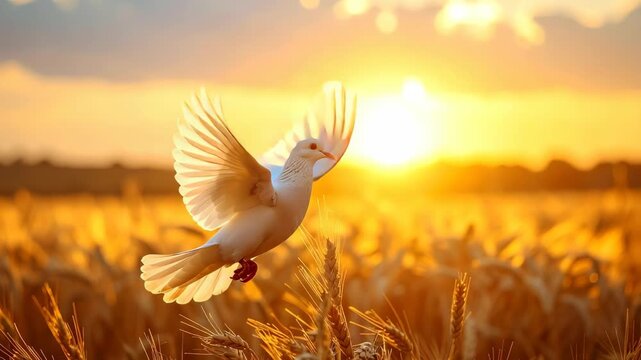 White dove flying over a golden wheat field at sunset with wings spread wide in warm sunlight