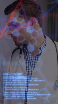 Vertical video: Overlay sweeping doctor lowering chin and reading for medical review stethoscope