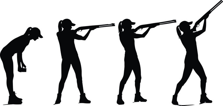 Black Silhouette Set of Female Shooters in Various Poses Using Shotguns and Rifles Isolated on White Background for Sport Shooting Hunting and Clay Targets