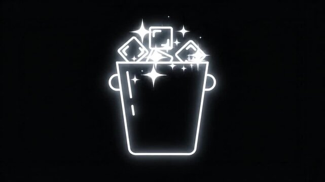 Animated neon outline of an ice bucket filling with sparkling ice cubes.