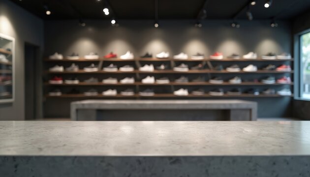 Empty retail shoe store interior with shelves full of sneakers. Concrete counter in foreground. Soft lighting on merchandise display. Modern minimal design.