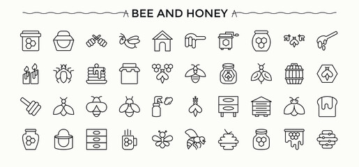 Bee And Honey icon collection. Bee icon set. Contains such icons as bees, hive, natural, farm, comb, food, organic and more. Editable stroke. © Rubbble