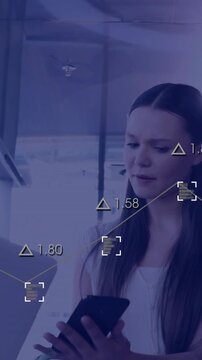 Vertical video: Lead tapping phone in lobby causing num overlays as biz team pointing and reviewing