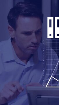 Vertical video: Left man tapping tablet, pair studying animated charts expanding for business data