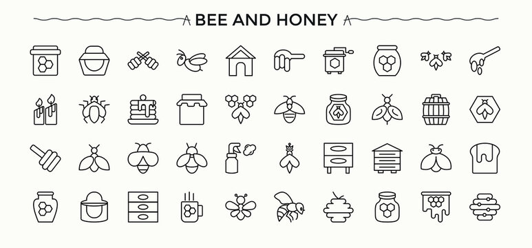 Bee And Honey icon collection. Bee icon set. Contains such icons as bees, hive, natural, farm, comb, food, organic and more. Editable stroke.