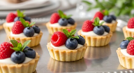Mini Tartlets with Cream Cheese, Blueberries, Raspberries and Mint Leaves on a Silver Tray