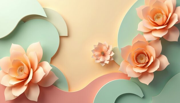 Abstract pastel composition with 3D paper flowers in peach and pink. Soft shapes and layers in mint green and cream form a delicate floral background for spring and summer designs.