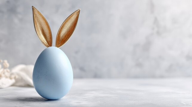 blue egg with gold rabbit ears on white 