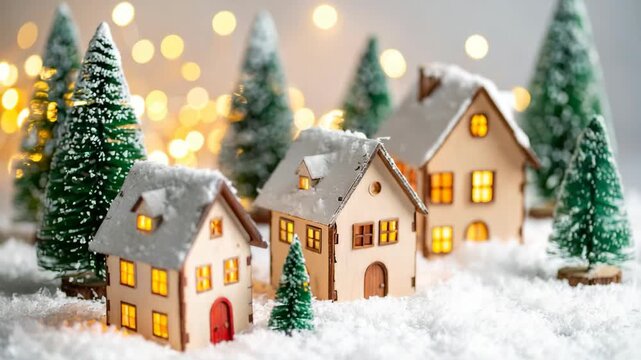Miniature wooden houses in a snowy winter village with glowing windows and tiny pine trees against warm holiday lights