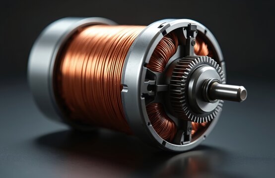 Close-up of electric motor rotor showing copper windings and gear. High-speed engine component detail, mechanical engineering precision. Modern tech innovation in motion.