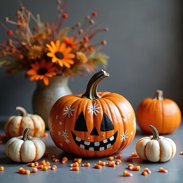 Orange jackolantern pumpkin with carved face smiles. Small white pumpkins and candy corn scatter on table. Autumn flowers in vase complete festive seasonal decor.