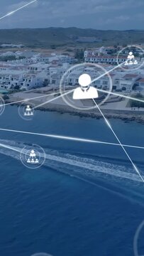 Vertical video: Boat wake starting icons fading, icon sending lines, camera moving, mapping links
