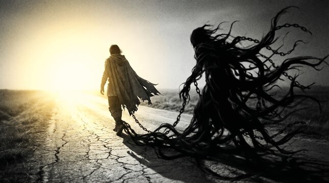 Sin As Dark Shadow Following Human Footsteps