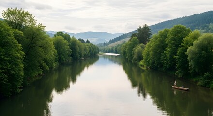 Serene View of the River Surrounded by Lush Green Trees on a Calm Summer Day