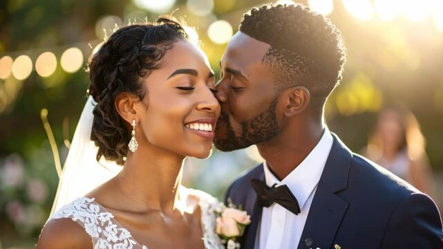Happy African American bride and groom kissing at sunny outdoor wedding ceremony garden party