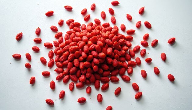 Pile of bright red annatto seeds scattered on white surface. Organic spice seeds have irregular oval shape. Natural seasoning ingredient for food and drinks.