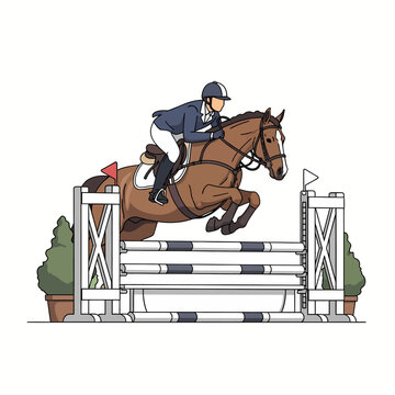 Equestrian rider and horse clearing a high vertical jump fence