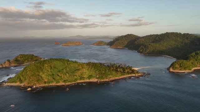 Drone aerial view of KMAAL campsite in Linapacan near Coron in The Philippines.