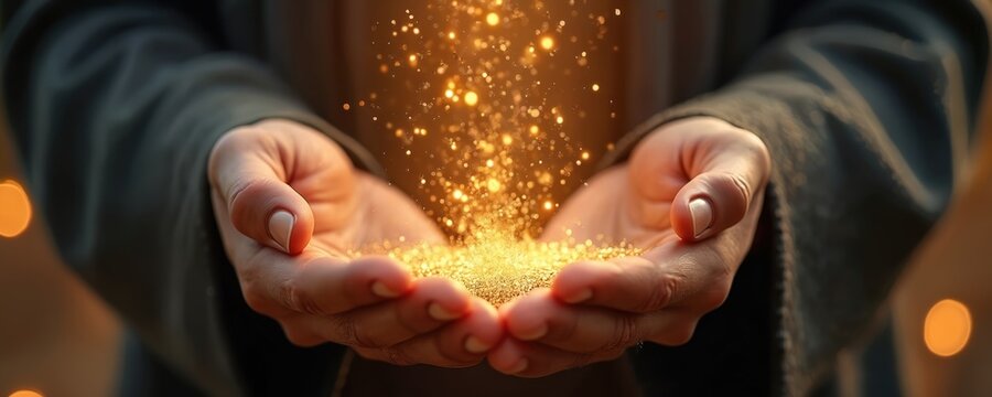 Open hands release sparkling golden dust. Light particles float upwards from palms. Divine or magical glow emanates, creating a sense of wonder and spirituality.