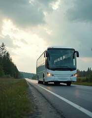 Obraz premium White coach bus drives on asphalt road through green countryside fields and forests. Dramatic cloudy sky over scenic landscape. Travel and tourism concept.