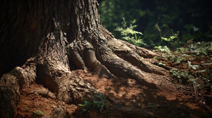 Obraz premium Gnarled roots of an ancient oak tree anchoring firmly into the forest floor, showcasing natural strength and resilience.