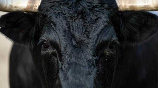 Close up portrait of a majestic black bull with intense eyes and curly forehead hair on a farm
