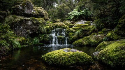 Fototapeta premium Gentle cascade of clear water flowing over moss-covered rocks in a lush, serene forest environment
