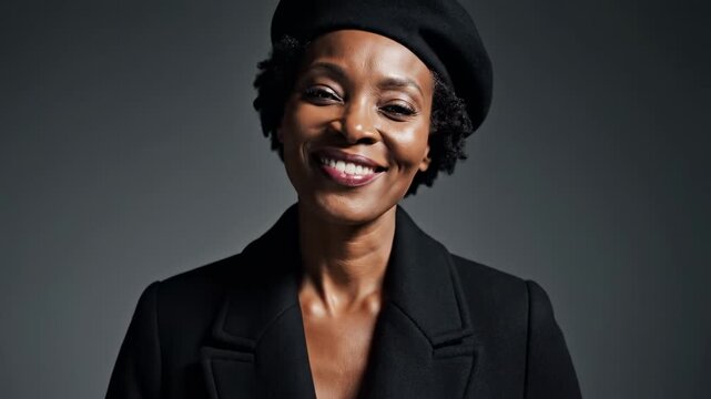 A portrait of a woman wearing a black beret and coat against a gray background