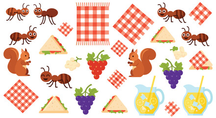 A delightful picnic scene with ants and squirrels enjoying sandwiches and drinks on a checkered blanket