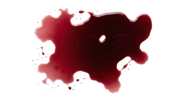 Glossy red blood or wine liquid splash stain on a transparent background