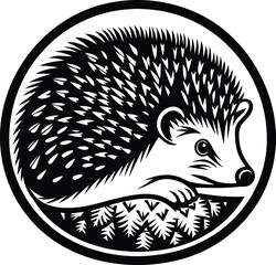 Black and white hedgehog icon in circle frame © islam