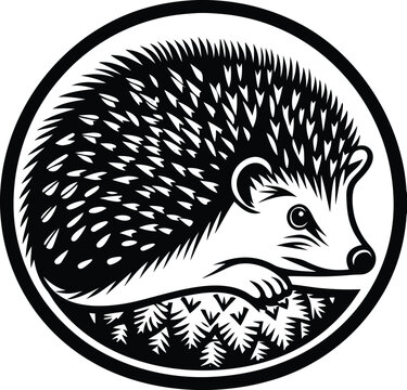 Black and white hedgehog icon in circle frame
