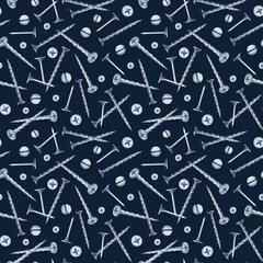 Seamless pattern with screws and nails on a dark background. Watercolor illustration of a realistic working tool for home renovation. Background for packaging, wallpaper, wrapping paper.