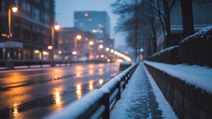 Fototapeta premium Snowy city street at dusk with wet pavement reflecting streetlights.