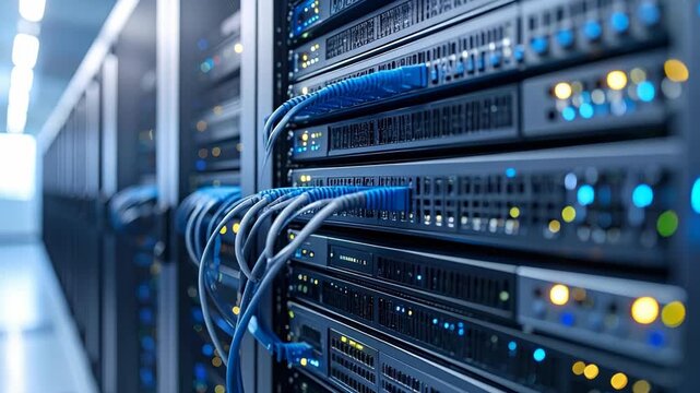 Modern data center server rack with blue network cables and glowing lights in high tech environment