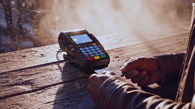 Hand tapping card on terminal outdoors, wooden table dusted with frost, jacket sleeve visible, warm sunlight through cold air, contactless chip transaction processing, secure purchase closeup
