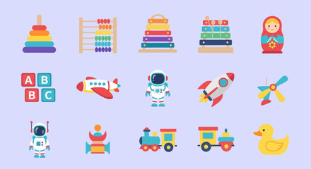 Fototapeta premium Colorful children's toys and educational icons set on light background.