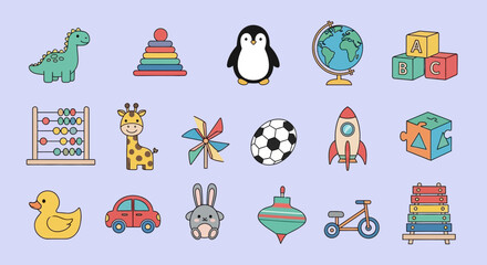 Collection of colorful children's toys and educational objects.