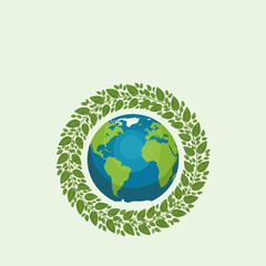 Obraz premium Planet Earth illustration is encircled by a dense wreath composed entirely of small, vibrant green leaves suggesting healthy growth and renewal.