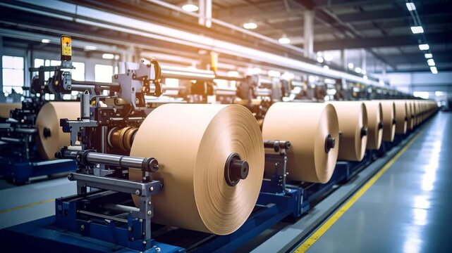 Industrial manufacturing line processing large rolls of brown paper in a modern automated factory facility