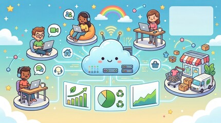 Fototapeta premium Cute characters working on laptops connected to smiling cloud server and digital retail shop interface, playful virtual teams collaboration, online sales and ESG business ecosystem illustration