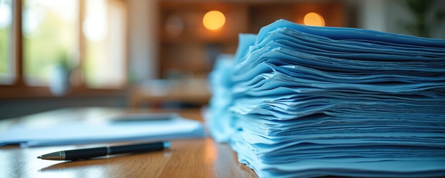 Large stack of blue papers on wooden desk near pen. Document pile suggests heavy workload and organized paperwork. Office workspace blur background.
