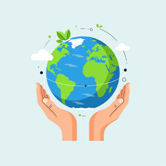 Fototapeta premium Two cupped human hands gently support a vibrant blue and green representation of the Earth, suggesting global care and protection.