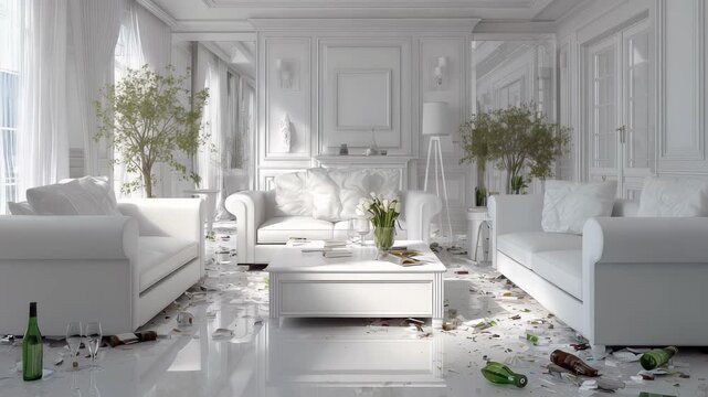 Modern living room heavily cluttered with scattered bottles trash and furniture in disarray after party night. Messy interior and chaotic lifestyle concept