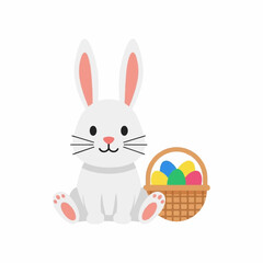 Fototapeta premium Cute white cartoon rabbit sitting beside a woven basket filled with brightly colored eggs representing the joy of the Easter holiday.