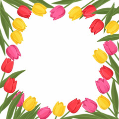 Fototapeta premium Vibrant frame border composed of red, pink, and yellow tulips with green leaves creates a natural square opening for text or design elements.