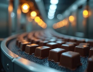 Rows of chocolate candies move along conveyor belt in food factory. Automated production line processes sweets in clean industrial setting. Confectionery manufacturing equipment ensures consistent