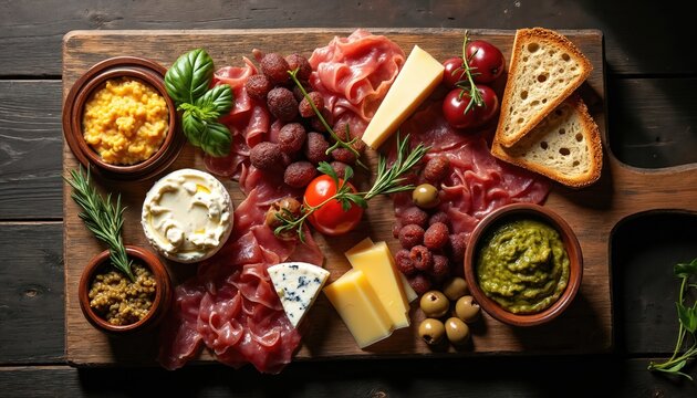 Rustic wooden board displays charcuterie meats cheeses dips bread and olives. Delicious spread offers variety for parties and gatherings. Perfect for culinary presentations and entertaining guests.